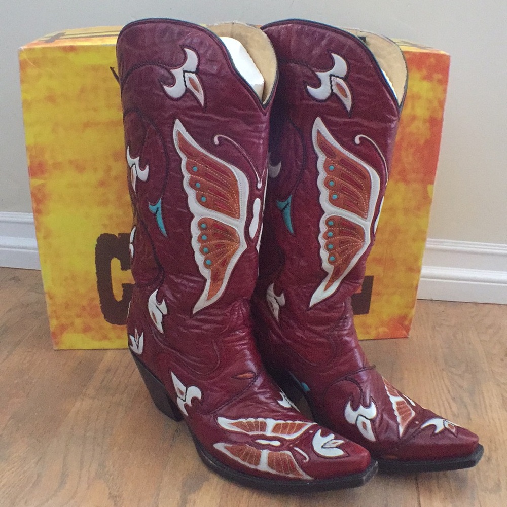 Corral butterfly inlay red leather cowboy boots
